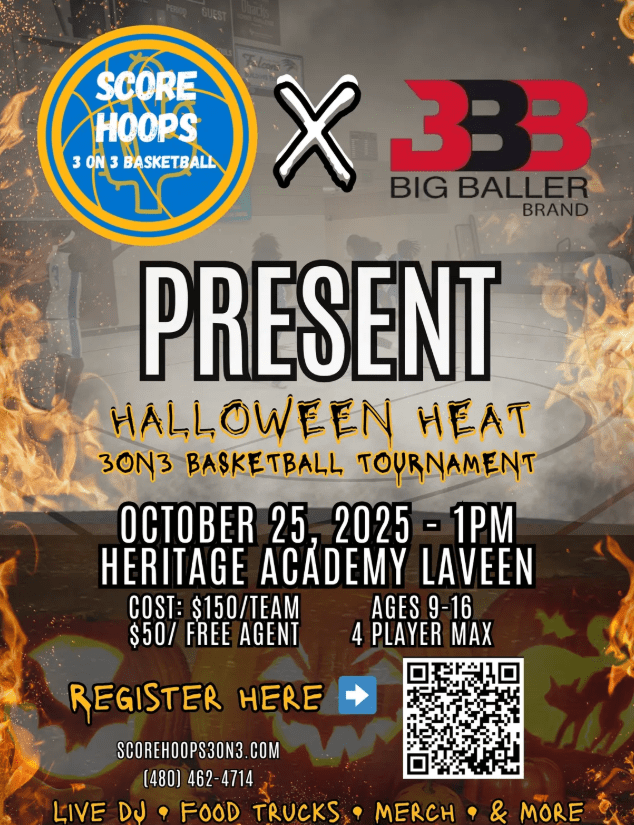 The Halloween Heat 3on3 Basketball Tournament tips off on Saturday, October 25th at Heritage Academy Laveen and will showcase fast-paced action, music, food, and family fun.